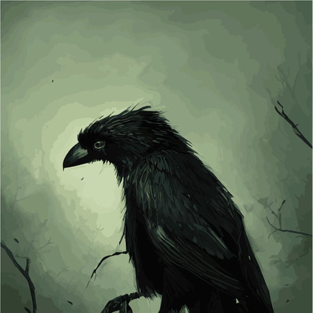 portrait Mystical Dire Bird Crow, Symbol of Gothic, Halloween, fear, by black crows terrible foggy forest. SET vector illustration. Unconditional wild animals drawings crows black silhouetteのイラスト素材