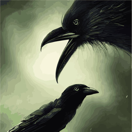 portrait Mystical Dire Bird Crow, Symbol of Gothic, Halloween, fear, by black crows terrible foggy...