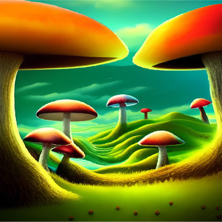 Surreal mushroom landscape, vector illustration. Psychedelic art with mushrooms. Abstract poster...