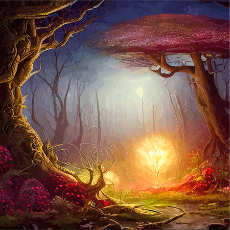 surreal mushroom landscape, fantasy wonderland landscape with mushrooms moon. vector illustration.のイラスト素材