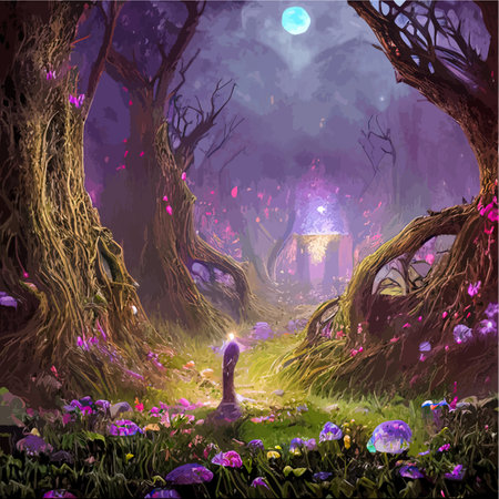 surreal mushroom landscape, fantasy wonderland landscape with mushrooms moon. vector illustration.のイラスト素材