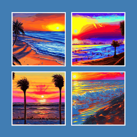 Evening beach with palm trees. Colorful picture rest. Vector illustration . Orange sunset blue sky. Palmy Island.のイラスト素材