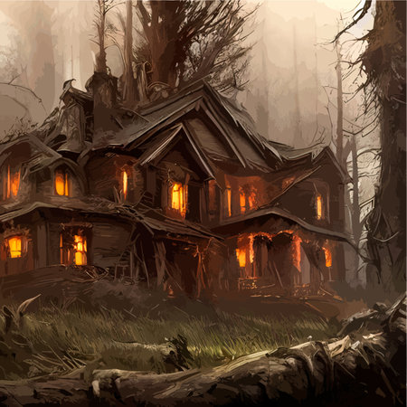 Vector cryptic illustration with house, forests with blue fog. landscape with spooky house, forest,...