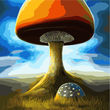 Surreal rowing landscape vector illustration. Enchanted forest with mushrooms magicのイラスト素材