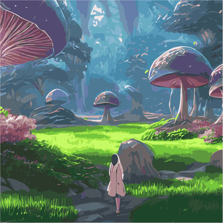 Surreal rowing landscape vector illustration. Enchanted forest with mushrooms magicのイラスト素材