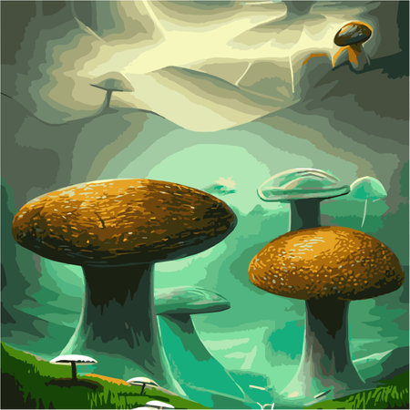 Surreal rowing landscape vector illustration. Enchanted forest with mushrooms magicのイラスト素材
