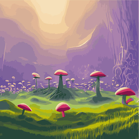 Surreal rowing landscape vector illustration. Enchanted forest with mushrooms magicのイラスト素材