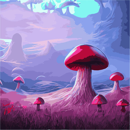 Surreal rowing landscape vector illustration. Enchanted forest with mushrooms magic