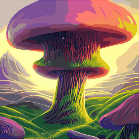 Surreal rowing landscape vector illustration. Enchanted forest with mushrooms magicのイラスト素材
