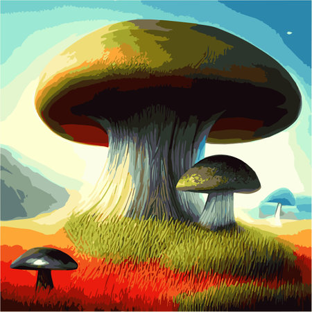 Surreal rowing landscape vector illustration. Enchanted forest with mushrooms magicのイラスト素材