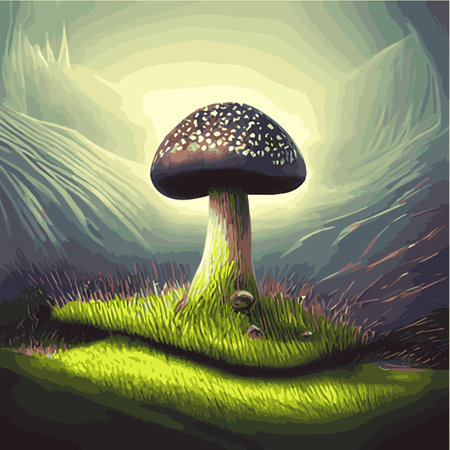 Surreal rowing landscape vector illustration. Enchanted forest with mushrooms magicのイラスト素材