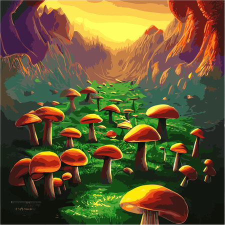 Surreal rowing landscape vector illustration. Enchanted forest with mushrooms magicのイラスト素材