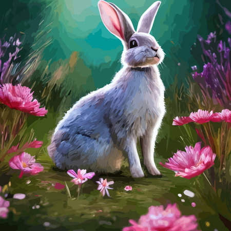 Easter cute fluffy little bunny spring flower meadow easter holiday Cute bunny, leaves flowers vector illustration.のイラスト素材