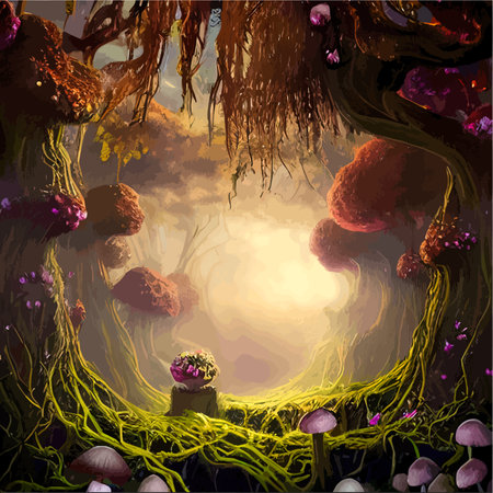 surreal mushroom landscape, fantasy wonderland landscape with mushrooms moon. vector illustration.のイラスト素材