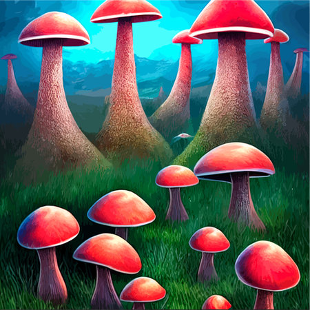 surreal mushroom landscape, fantasy wonderland landscape with mushrooms moon. vector illustration.のイラスト素材