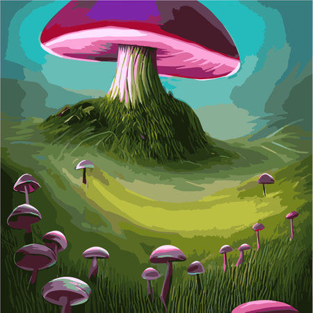 Surreal rowing landscape vector illustration. Enchanted forest with mushrooms magicのイラスト素材