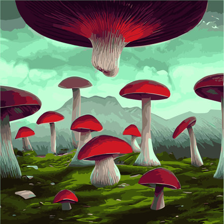 Surreal rowing landscape vector illustration. Enchanted forest with mushrooms magicのイラスト素材
