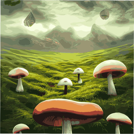 Surreal rowing landscape vector illustration. Enchanted forest with mushrooms magicのイラスト素材