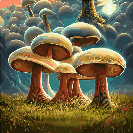 Surreal rowing landscape vector illustration. Enchanted forest with mushrooms magicのイラスト素材