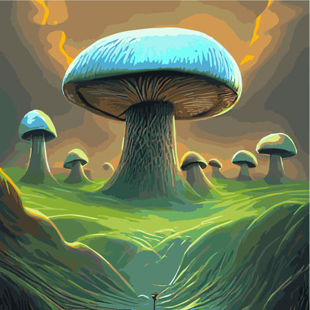 Surreal rowing landscape vector illustration. Enchanted forest with mushrooms magicのイラスト素材
