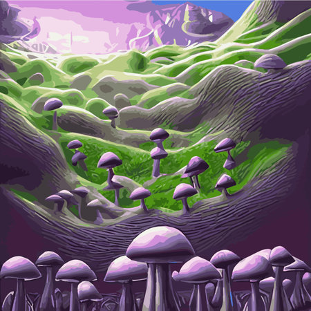 Surreal rowing landscape vector illustration. Enchanted forest with mushrooms magicのイラスト素材