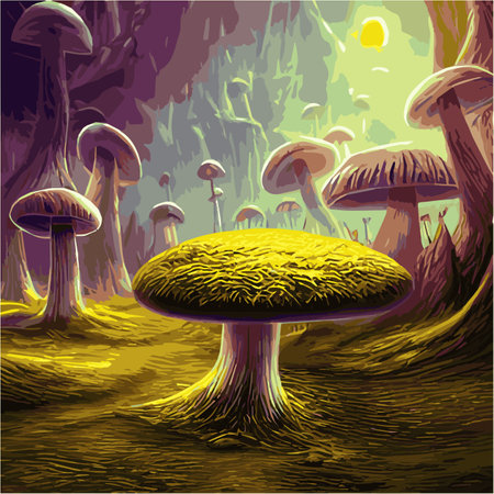 Surreal rowing landscape vector illustration. Enchanted forest with mushrooms magicのイラスト素材