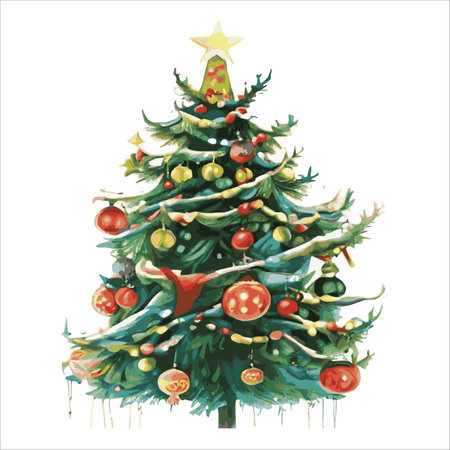Fairytale Christmas tree with a variety of decorations on a white background. illustration isolated on whiteのイラスト素材