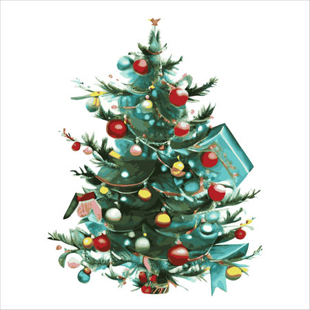 Fairytale Christmas tree with a variety of decorations on a white background. illustration isolated on whiteのイラスト素材