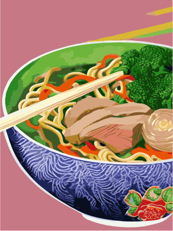 Noodles, Asian foods, Chinese food colorful illustration. Vector colorful illustration Chinese food.のイラスト素材