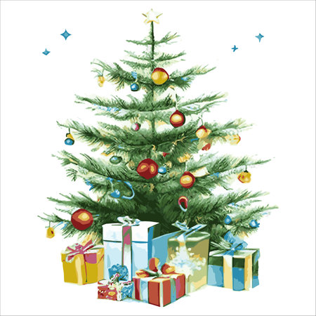 Fairytale Christmas tree with a variety of decorations on a white background. illustration isolated on whiteのイラスト素材