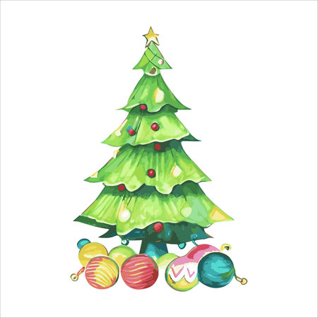 Fairytale Christmas tree with a variety of decorations on a white background. illustration isolated on whiteのイラスト素材