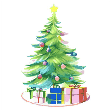 Fairytale Christmas tree with a variety of decorations on a white background. illustration isolated on whiteのイラスト素材