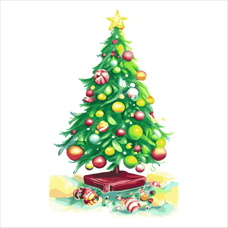 Fairytale Christmas tree with a variety of decorations on a white background. illustration isolated on whiteのイラスト素材