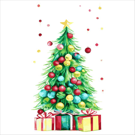 Fairytale Christmas tree with a variety of decorations on a white background. illustration isolated on whiteのイラスト素材