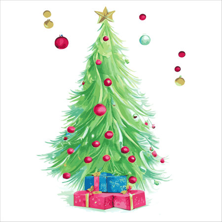 Fairytale Christmas tree with a variety of decorations on a white background. illustration isolated on whiteのイラスト素材