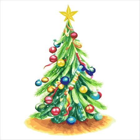 Fairytale Christmas tree with a variety of decorations on a white background. illustration isolated on whiteのイラスト素材