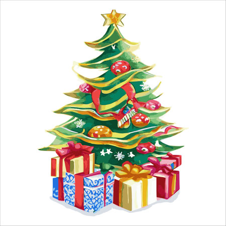 Fairytale Christmas tree with a variety of decorations on a white background. illustration isolated on whiteのイラスト素材