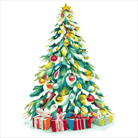 Fairytale Christmas tree with a variety of decorations on a white background. illustration isolated on whiteのイラスト素材