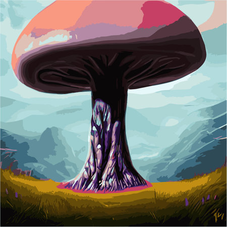 Surreal rowing landscape vector illustration. Enchanted forest with mushrooms magicのイラスト素材