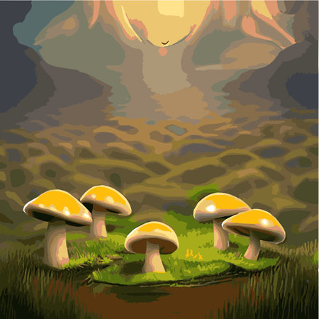 Surreal rowing landscape vector illustration. Enchanted forest with mushrooms magicのイラスト素材