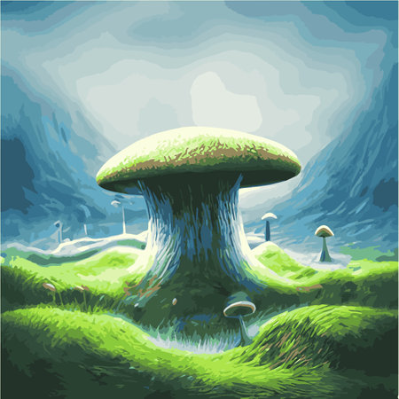 Surreal rowing landscape vector illustration. Enchanted forest with mushrooms magicのイラスト素材