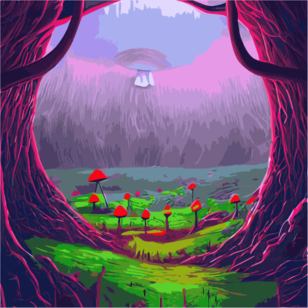 Surreal rowing landscape vector illustration. Enchanted forest with mushrooms magicのイラスト素材