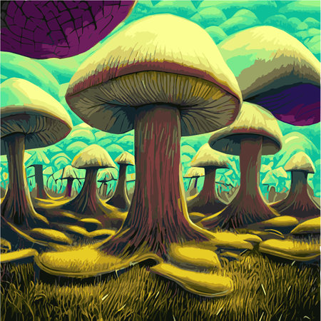 Surreal rowing landscape vector illustration. Enchanted forest with mushrooms magicのイラスト素材