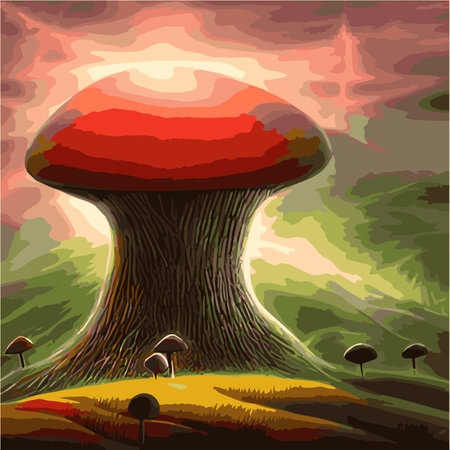 Surreal rowing landscape vector illustration. Enchanted forest with mushrooms magicのイラスト素材
