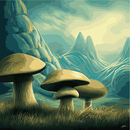 Surreal rowing landscape vector illustration. Enchanted forest with mushrooms magicのイラスト素材