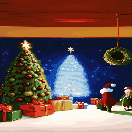 Christmas background with decorated trees and gift boxes. Colorful flat gifts for the holiday. Modern design. Christmasのイラスト素材