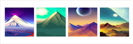 Brightly colored mountain ranges. Set of geometric design elements for outdoor and adventure...