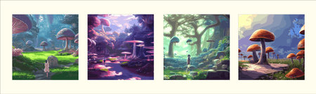 Surreal rowing landscape vector illustration. Alien planet surface environment. Enchanted forest with mushroomsのイラスト素材