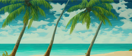 Tropical palm beach with sand sea banner vector illustration with copy space, voucher advertising