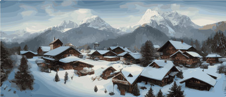 Winter Christmas landscape with houses highlands and snowy fir trees scandinavian style decorated...